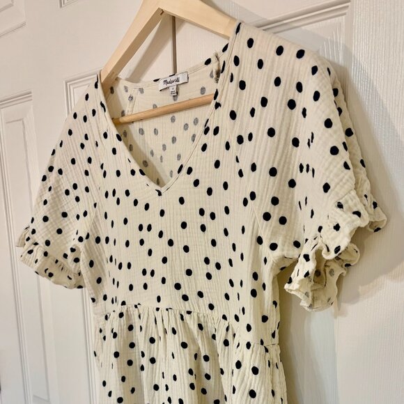 Madewell Ruffle Short-Sleeve Ivory Black Mini Babydoll Dress in Dot Toss Medium - Picture 2 of 10